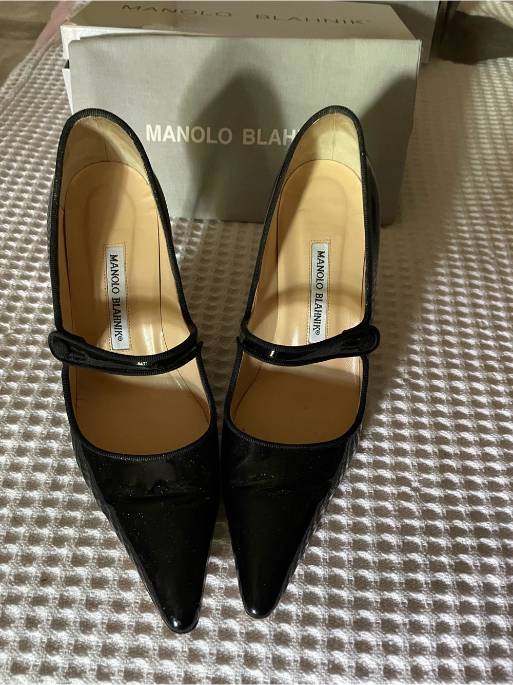 Manolo Blahnik Black Patent Mary Jane Pointed-Toe Pumps